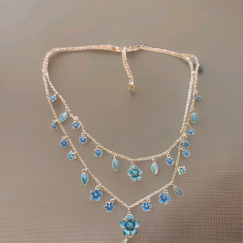 Blue Enamel Flower Charm Pendant Necklace Crystal Accents Silver Tone Cable